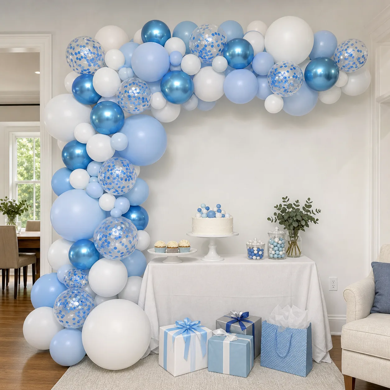 Blue and white balloon arch arranged around a birthday dessert table indoors