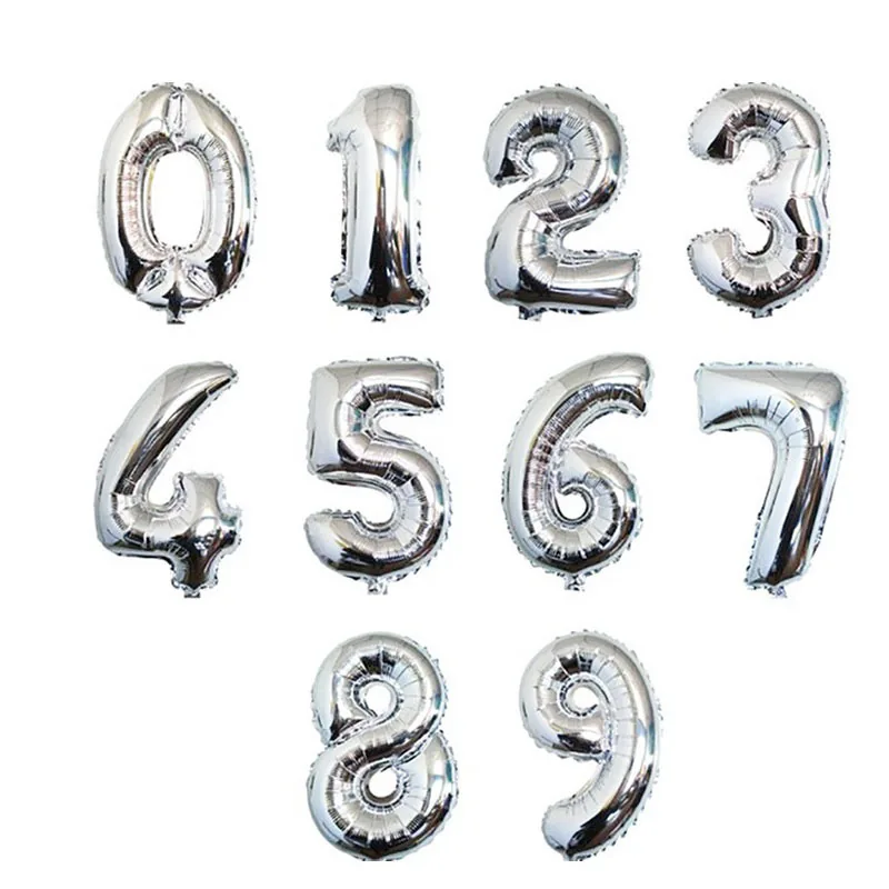 Silver number-shaped balloon assortment showing digits zero through nine